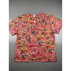 Scrub Station Women's VS Collection V Neck Red Paisley Print Scrub Top New SMALL